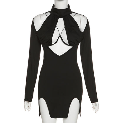 Slimming Long Sleeve Solid Color Dress