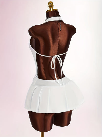 ASD1 Directional, Women's Y2K Dress, Deep V-Neck Backless Metal Buckle Decor High-Stitched Pleated Fitted Mini Dress with Leggings, Party Wear