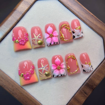 2026 New 10pcs Short Duckbill Summer Handmade Press on Nails, Shell/Starfish with 3D Gradient Carved Decor, High-Quality Fashion Reusable Fake Nails Set, Women'S Gift for Daily Wear And Party