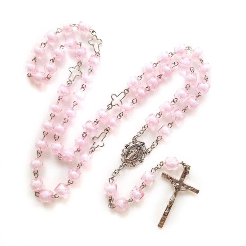 Pink Square for Cross Rosary Necklace Hanging Crafts Bead Chain