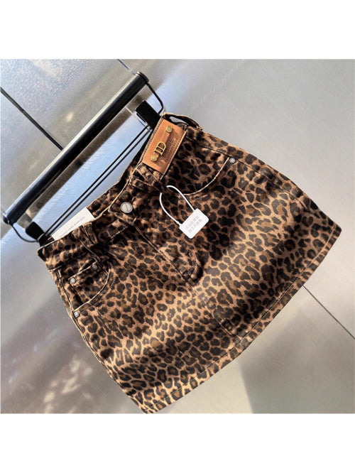 Elastic Brown Leopard Print Denim Hip Skirt,