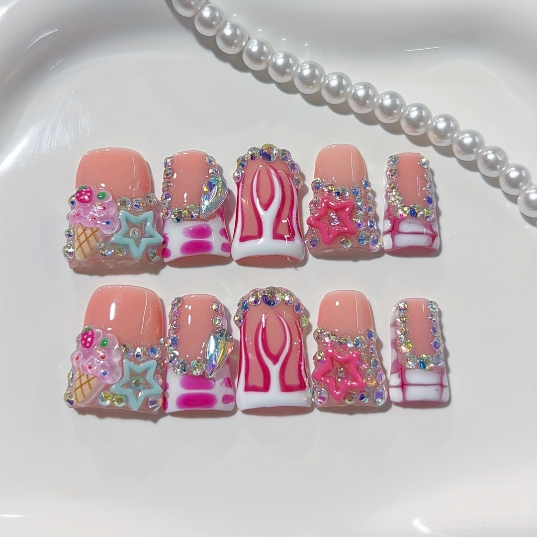 Set of 10 Y2K Duckbill Handmade Nails Featuring, Flame Motifs, Colorful Stars, And Diamond Ice Cream Embellishments; Pressed Nails for Nail Art, Acrylic Fake Nails; Perfect for Celebrations, Gatherings, And Daily Use