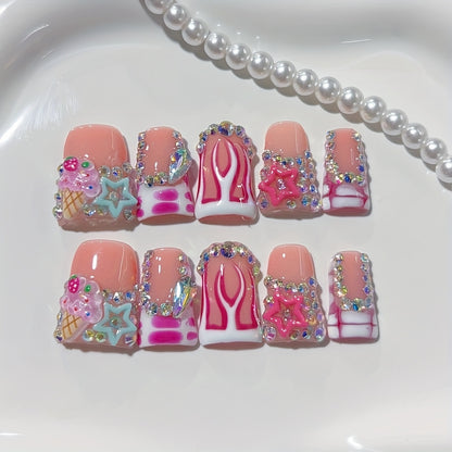 Set of 10 Y2K Duckbill Handmade Nails Featuring, Flame Motifs, Colorful Stars, And Diamond Ice Cream Embellishments; Pressed Nails for Nail Art, Acrylic Fake Nails; Perfect for Celebrations, Gatherings, And Daily Use