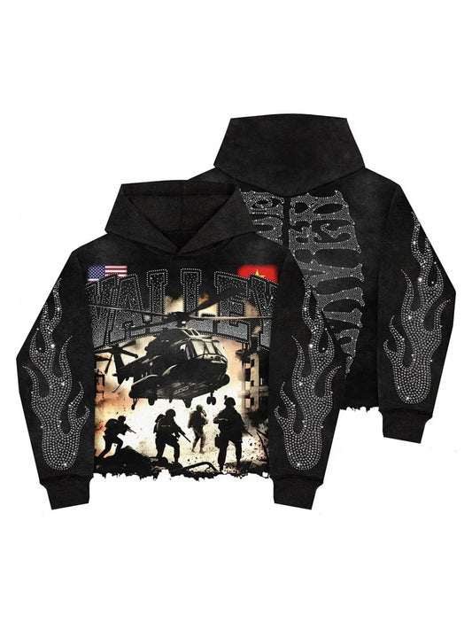 Men's Dark Wash Distressed Full Zip Hoodie Y2K
