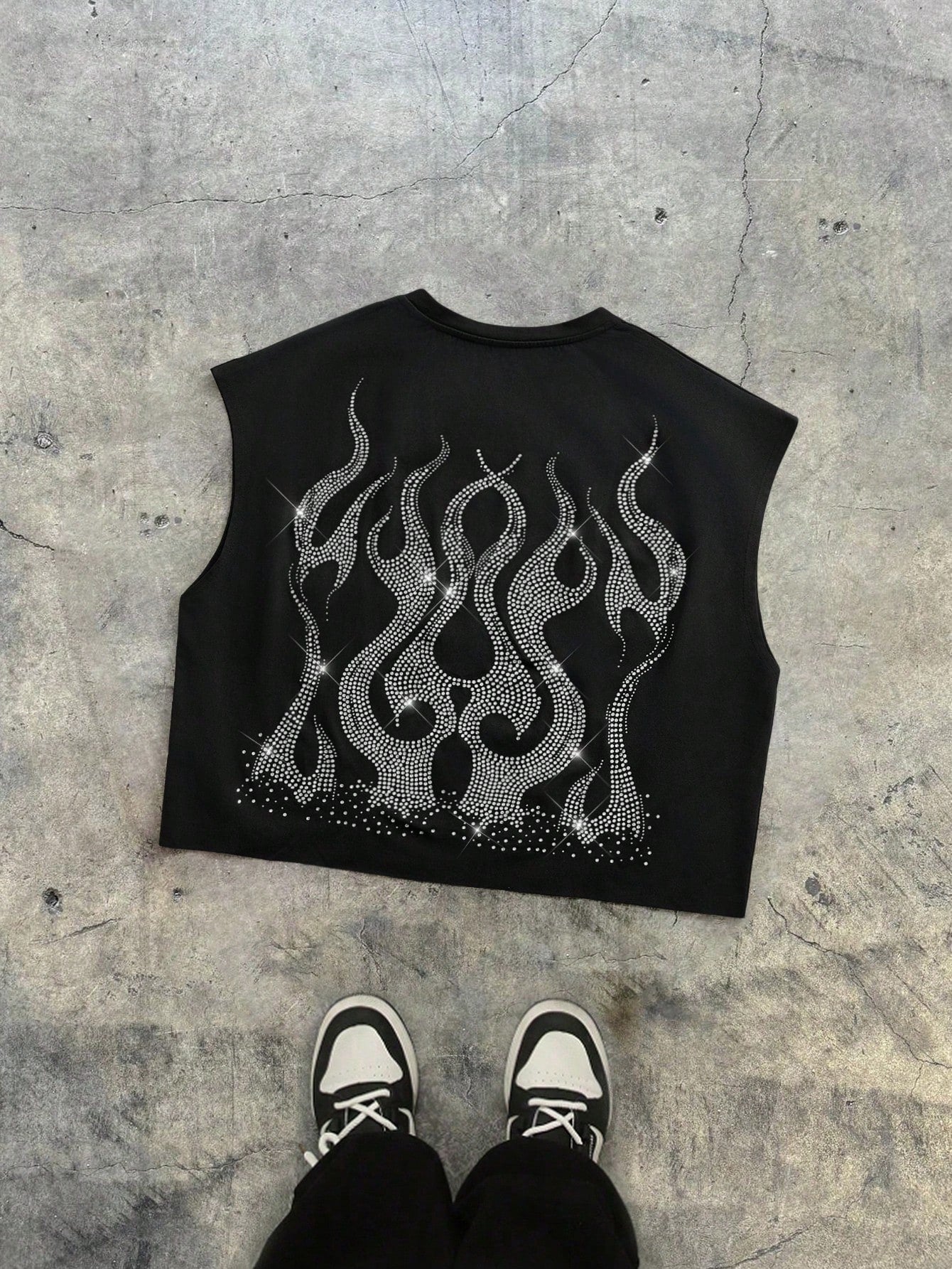 American Street Hot Drilling Flame Sleeveless Short Vest Men'S Trendy Brand Ruffian Handsome Loose Flash Diamond Vest Music Festival Fried Street Outfit