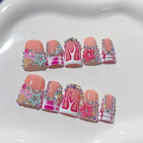 Set of 10 Y2K Duckbill Handmade Nails Featuring, Flame Motifs, Colorful Stars, And Diamond Ice Cream Embellishments; Pressed Nails for Nail Art, Acrylic Fake Nails; Perfect for Celebrations, Gatherings, And Daily Use