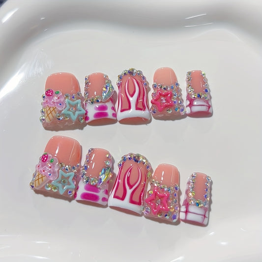 Set of 10 Y2K Duckbill Handmade Nails Featuring, Flame Motifs, Colorful Stars, And Diamond Ice Cream Embellishments; Pressed Nails for Nail Art, Acrylic Fake Nails; Perfect for Celebrations, Gatherings, And Daily Use
