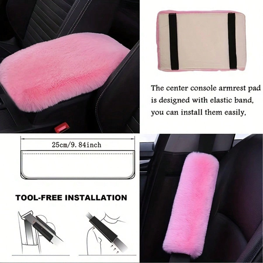 8pcs Set Combination Pink Goddess Plush Car Steering Wheel Cover