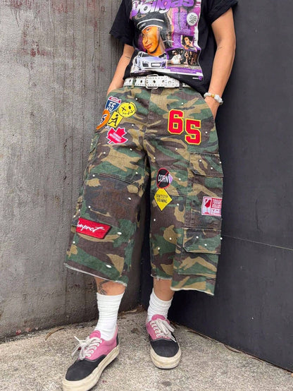 Men'S Embroidered Pattern Pearl Decor Loose Camouflage Denim Shorts