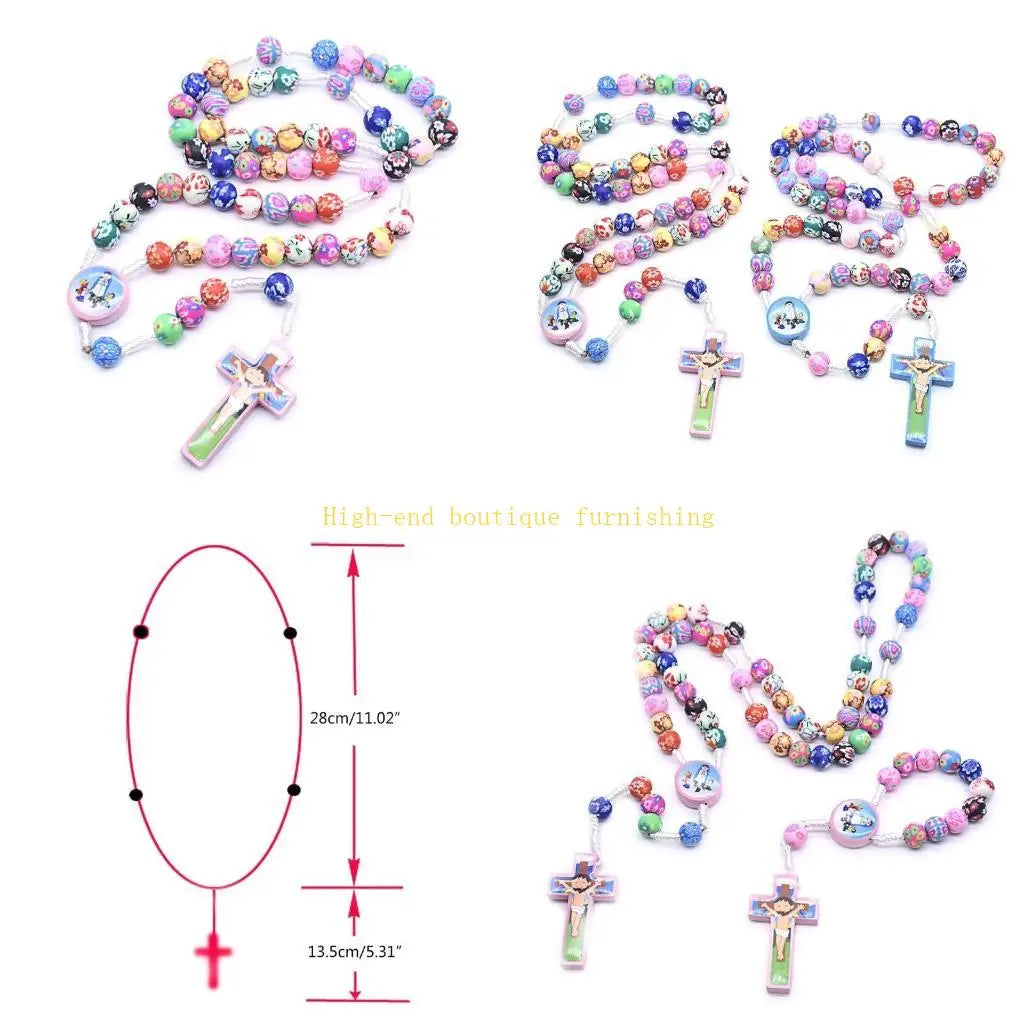L9NB Rosary Necklace Catholic Rose Beads Religion Long Chain Children