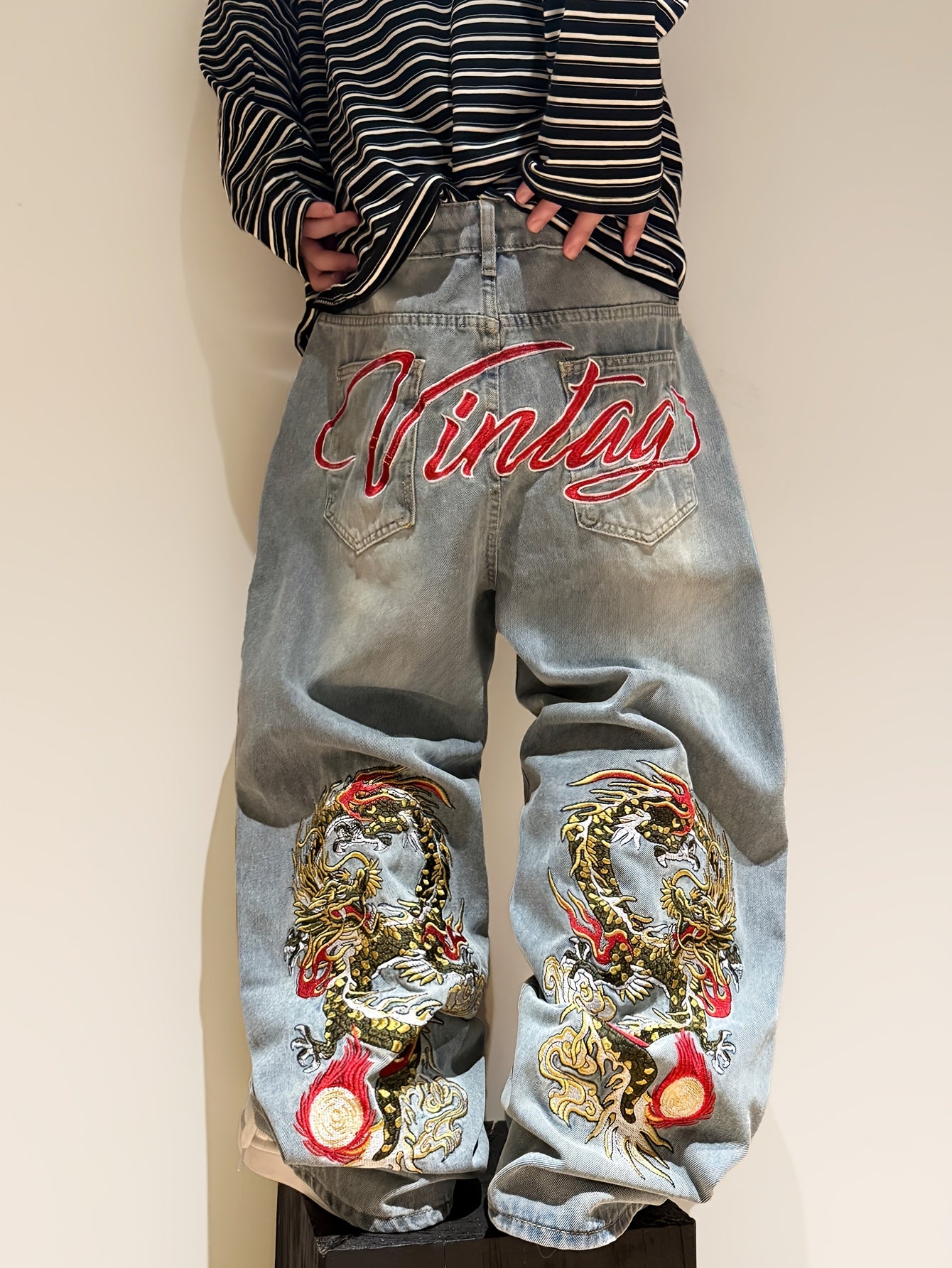 RAW Dragon -Pattern Embroidered Wide-Leg Jeans Y2k