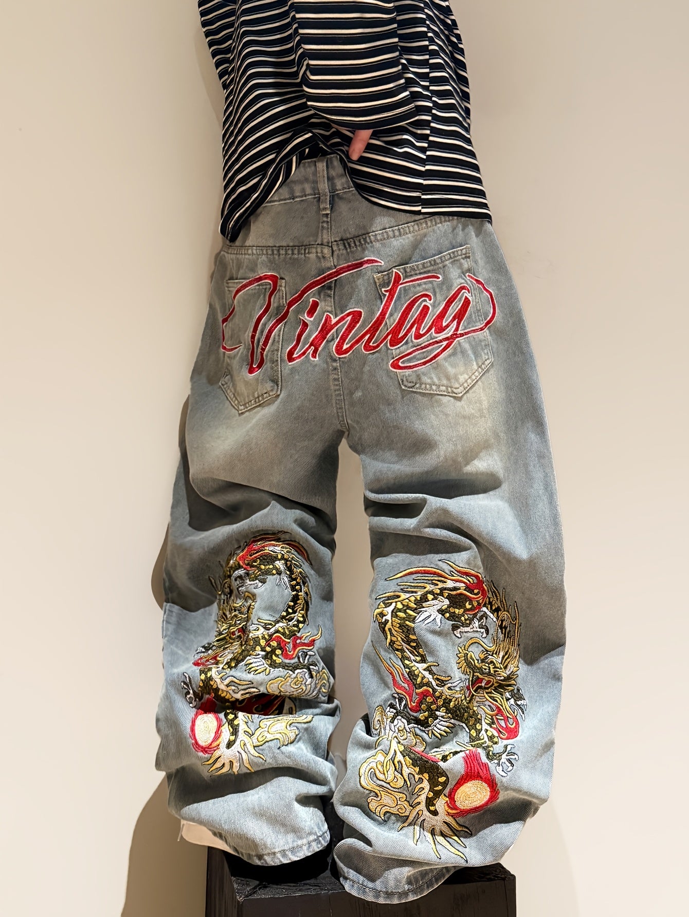 RAW Dragon -Pattern Embroidered Wide-Leg Jeans Y2k