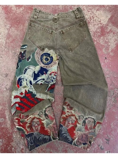 RAW Punk Embroidery,  Vintage Wide-Leg Design
