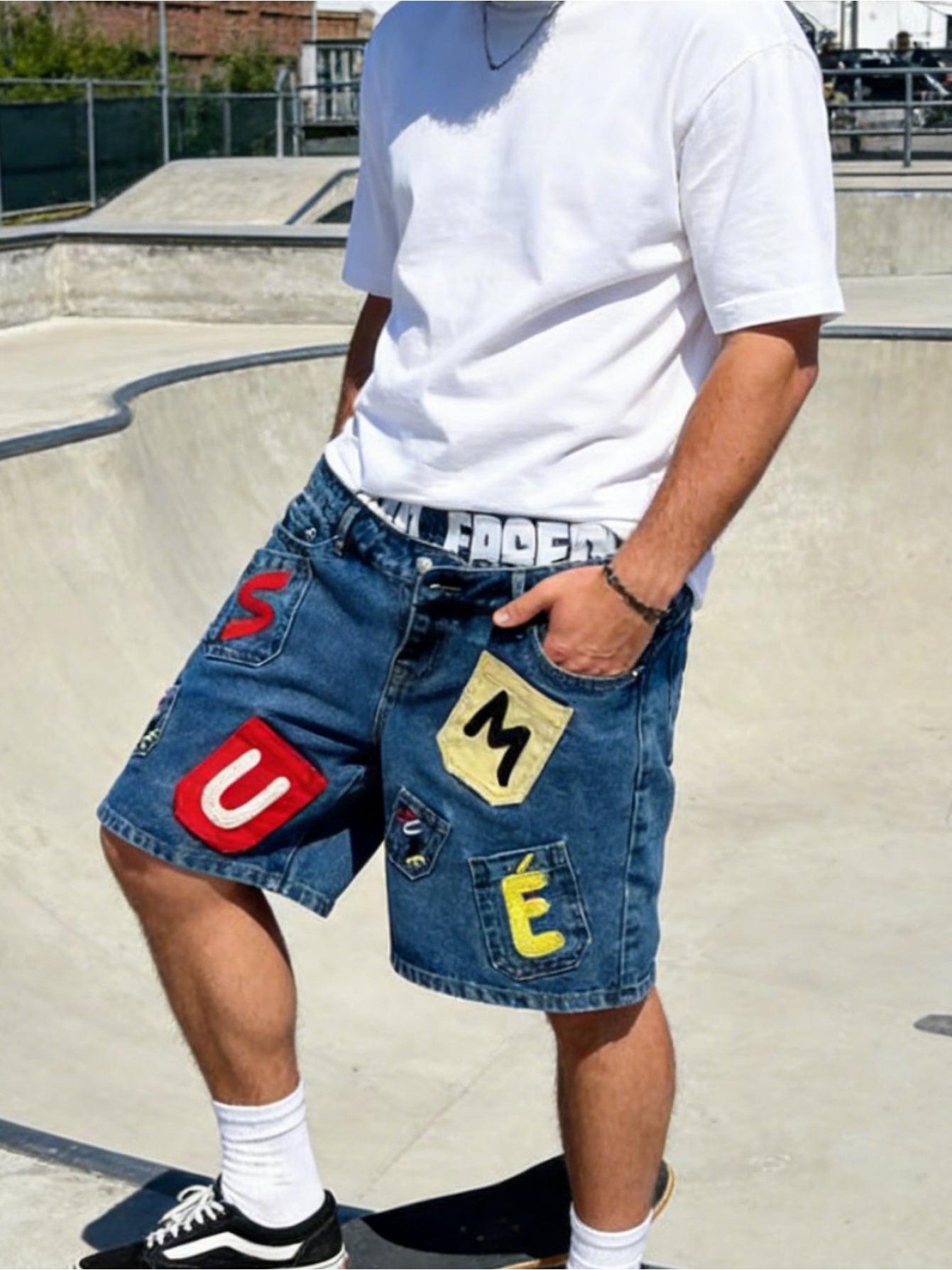 Double Waistband Denim Shorts- Y2K Vintage Patchwork Letter Embroidered
