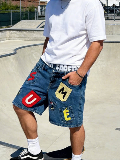 Double Waistband Denim Shorts- Y2K Vintage Patchwork Letter Embroidered