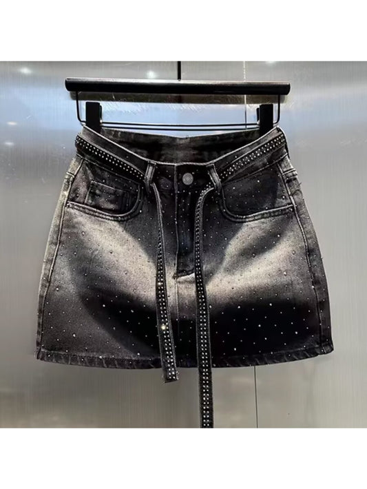 Retro Gradient Rhinestone Denim Half-Length Skirt for Women. High-Waisted And Hourglass-Shaped