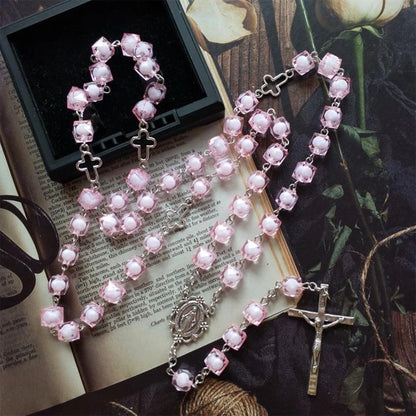 Pink Square for Cross Rosary Necklace Hanging Crafts Bead Chain