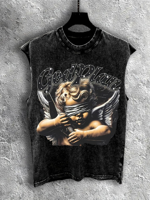 Teen Trendy 100 Percent Cotton Vintage Washed Sleeveless Tank Top Y2K Summer Vest Loose Breathable Athletic Cut Off Tee American High Street Ins Style Casual Outerwear Fitness Versatile God Plan Blindfolded Cupid Angel Graphic Print, for Teenager