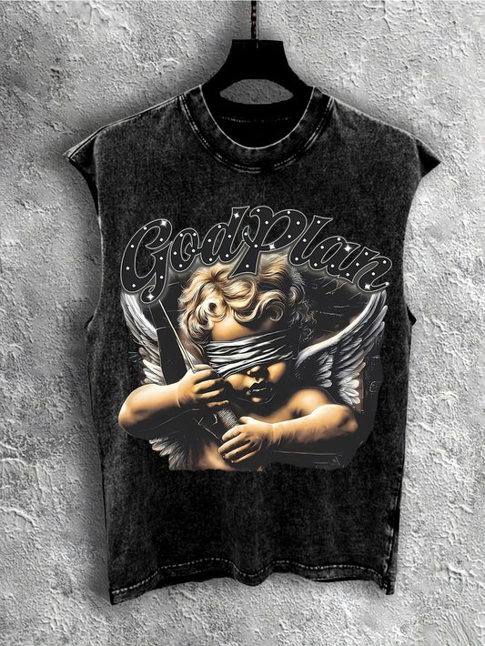 Teen Trendy 100 Percent Cotton Vintage Washed Sleeveless Tank Top Y2K Summer Vest Loose Breathable Athletic Cut Off Tee American High Street Ins Style Casual Outerwear Fitness Versatile God Plan Blindfolded Cupid Angel Graphic Print, for Teenager