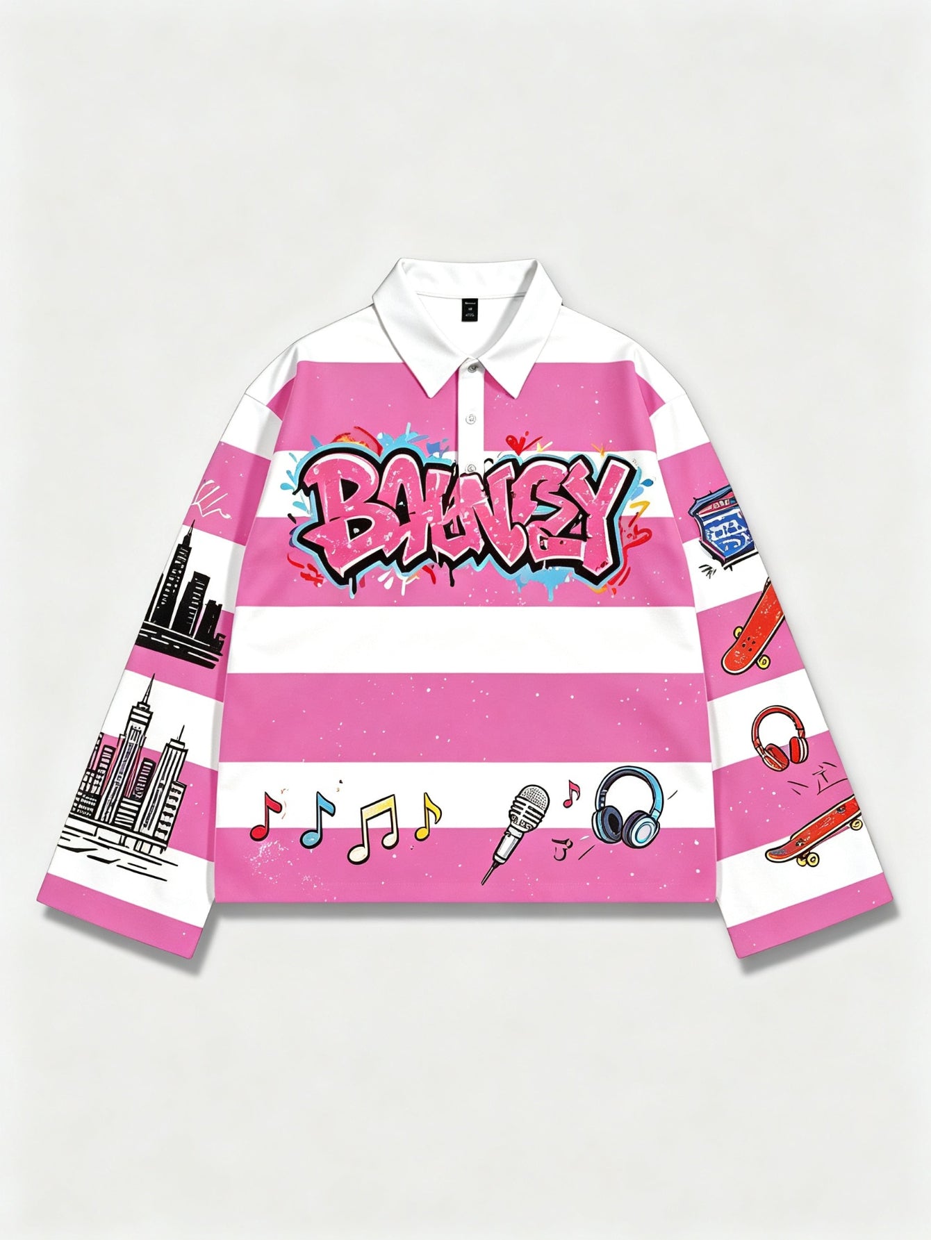 Men'S Pink And White Striped Graffiti Print Long Sleeve Polo Shirt, Y2K Hip Hop Streetwear Casual Top for Daily And Campus