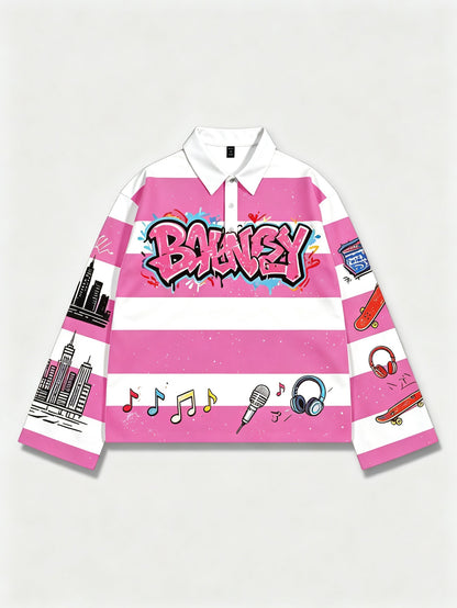 Men'S Pink And White Striped Graffiti Print Long Sleeve Polo Shirt, Y2K Hip Hop Streetwear Casual Top for Daily And Campus