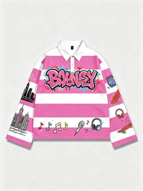 Men'S Pink And White Striped Graffiti Print Long Sleeve Polo Shirt, Y2K Hip Hop Streetwear Casual Top for Daily And Campus