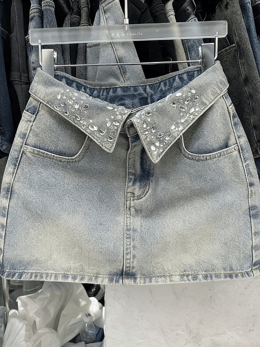 Vintage Rhinestone Denim Skirt High WAIST