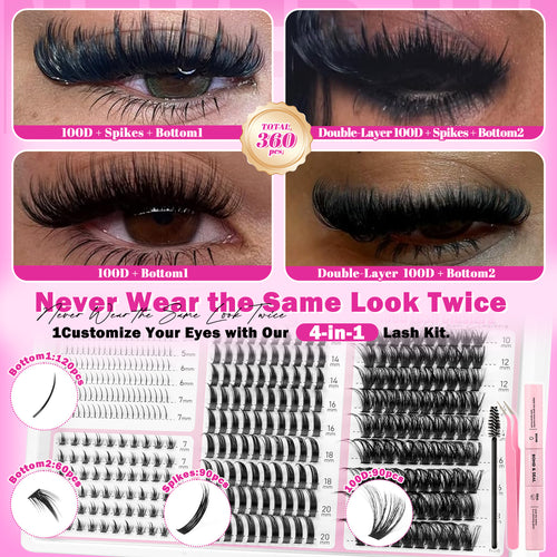 4-in-1 Mixed Individual Lashes 360pcs C Curl Cluster Lashes Kit With Bottom, Spikes And 100D Wispy Volume With Glue And 2 Tweezers Reusable Lash Clusters For Daily Makeup And Party Glam Beginner Friendly