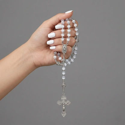 Catholic Rosary White Cat Eye Natural Stone Virgin Mary Cross Pendant Necklace for Women and Men Jewelry Gift