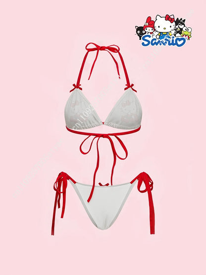 Sanrio Hello Kitty Women's Sexy Red Bow Letter Cartoon Print Wireless Bralette Swim Top Swim Bottom Set