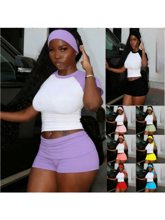 Women'S Color Block 3pcs Set, Casual Cropped Short Sleeve Top + Solid Shorts + Headband, Comfortable Basic