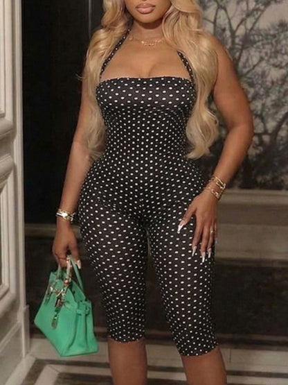 RAW Halter Bandeau Polka Dot Fitted Waist Stretchy Slim Fit Capri Jumpsuit, Y2K