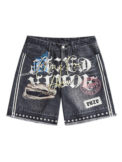 Black Graffiti Print Denim Shorts, Baggy Distressed Jorts