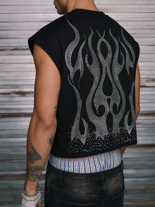 American Street Hot Drilling Flame Sleeveless Short Vest Men'S Trendy Brand Ruffian Handsome Loose Flash Diamond Vest Music Festival Fried Street Outfit