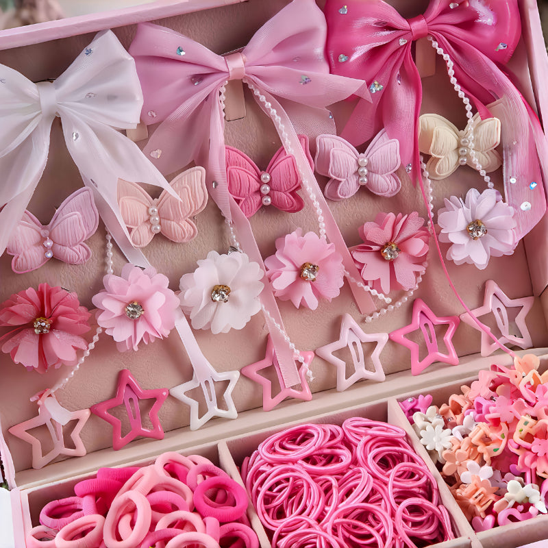 (425pcs) Pink Butterfly Bow Hair Clip Value Set, Durable and Elastic Hair Ties, Ponytail Clips, Cute Bangs Hair Clips for Women, Fashionable Hair Accessories, Trendy and Beautiful Princess Hair Accessories, Large Capacity Set, Soft and Comfortable