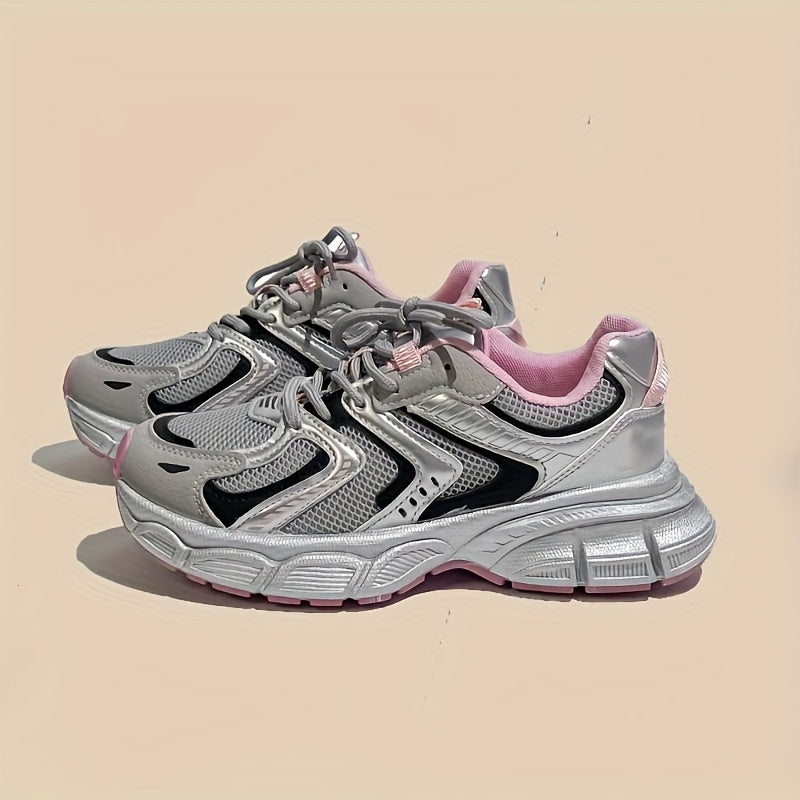 [Thick Sole Dad Shoes] Thick Sole Height-Increasing Dad Shoes Women's Summer Silvery Breathable Versatile Lightweight Sports Casual Shoes, Women Shoes, Sneakers