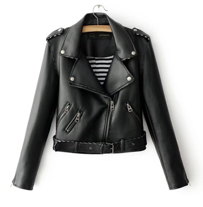 Fashionable Short PU Leather Jacket with Belted Waist