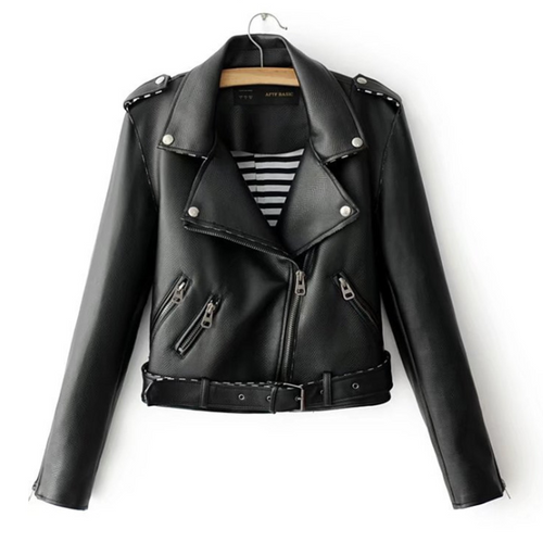 Fashionable Short PU Leather Jacket with Belted Waist
