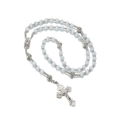 Catholic Rosary White Cat Eye Natural Stone Virgin Mary Cross Pendant Necklace for Women and Men Jewelry Gift