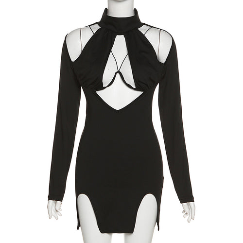 Slimming Long Sleeve Solid Color Dress