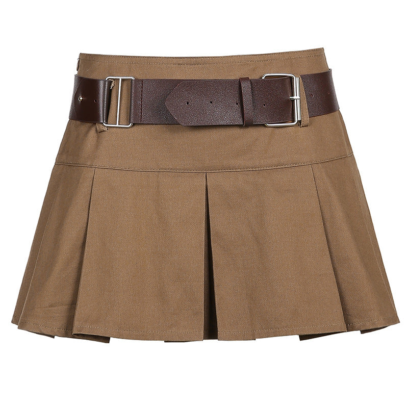 Khaki High Waist Pleated Skirt with Belt