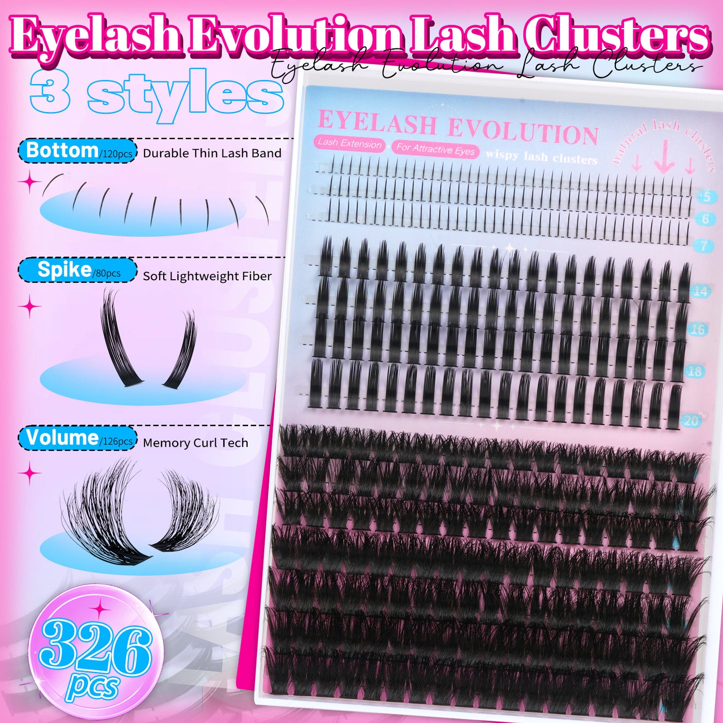 206pcs 14-20MM Volume Upper Eyelash Extension, 120pcs 5-7MM Bottom Lashes, Fluffy Wispy Volume Individual Eyelash Extensions, Thin Band Lightweight Soft Comfortable Reusable Long Lasting All Day Wear for Daily Party Christmas Makeup Gift for Women