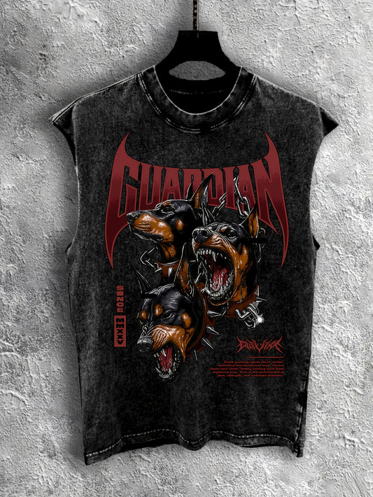New Arrival Men's Sleeveless Top Retro Vacation Style Vintage Black Doberman GUARDIAN Print Top, Special Fabric Exclusive Print Summer Comfortable and Cool Fashion Versatile Top