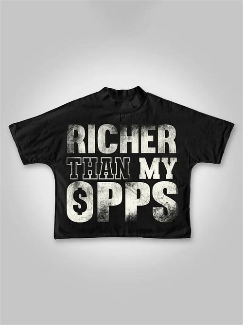 Vintage Distressed T-Shirt - Richer Than My $Opp$ Cropped Crew Neck Short Sleeve Tee