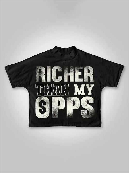 Vintage Distressed T-Shirt - Richer Than My $Opp$ Cropped Crew Neck Short Sleeve Tee
