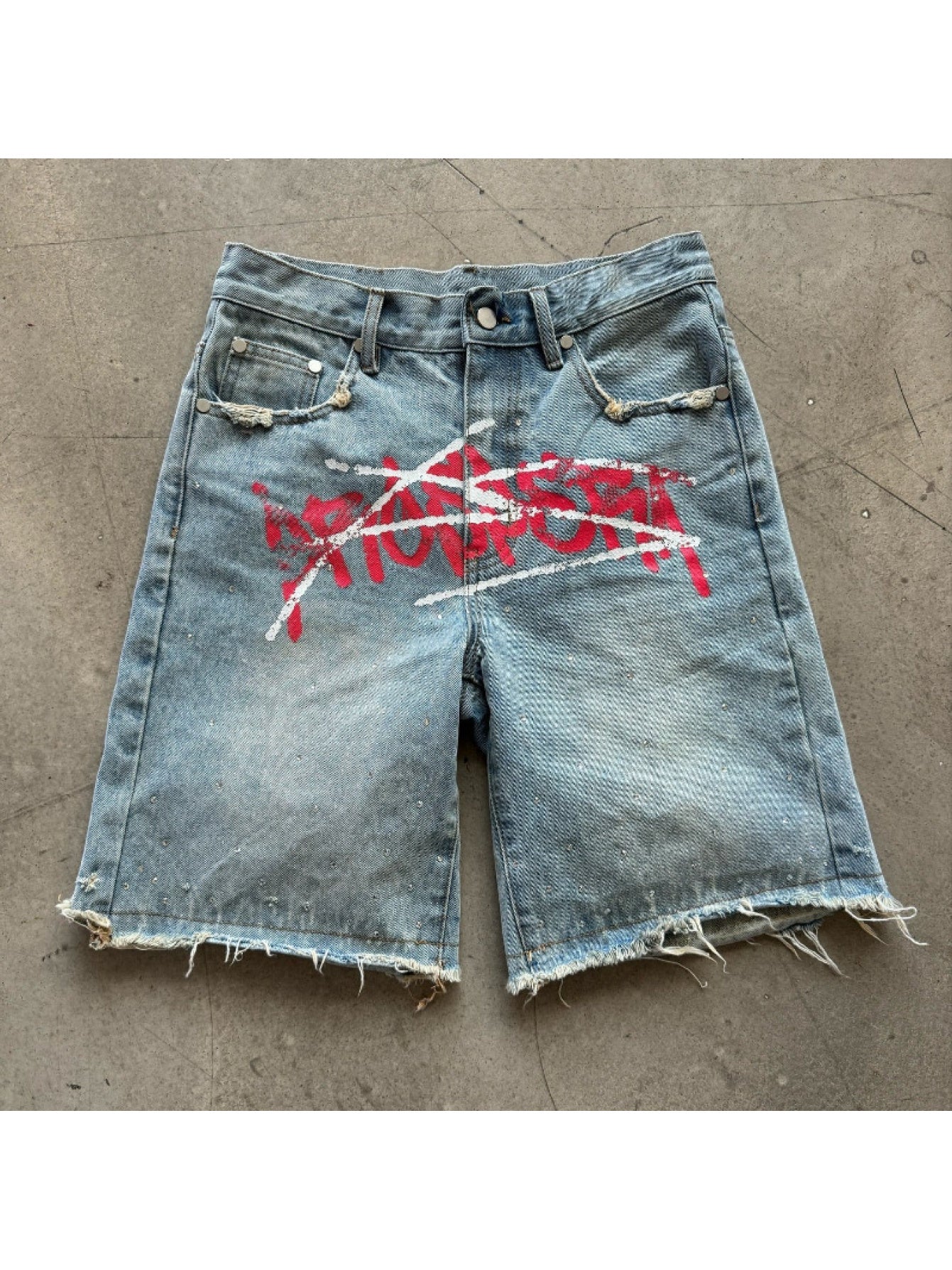 Jean Shorts Womens Y2K Print Distressed Washed Loose Fit Frayed Hem Streetwear