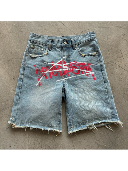 Jean Shorts Womens Y2K Print Distressed Washed Loose Fit Frayed Hem Streetwear