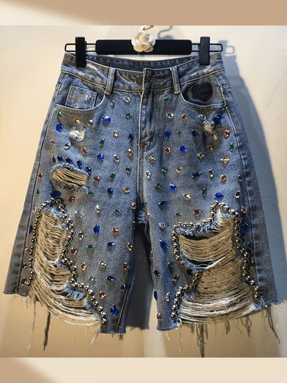 Luxury Rhinestone Beaded Design, Soft Breathable Summer Outdoor Casual Shorts