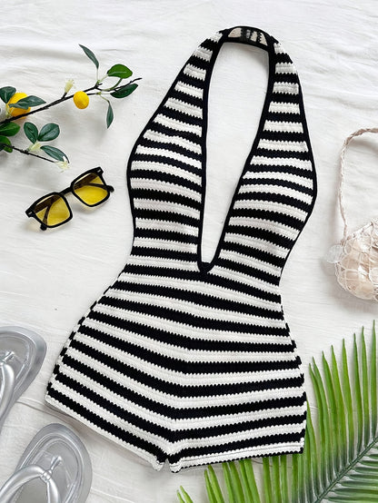 Summer Fashion Comfortable Versatile Striped Deep V-Neck Halter Backless Vest And Shorts