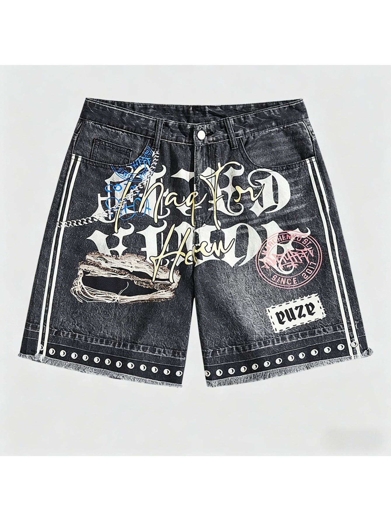 Black Graffiti Print Denim Shorts, Baggy Distressed Jorts